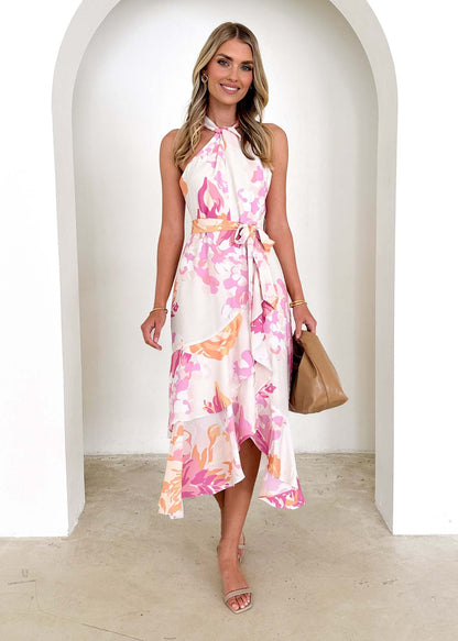 Spring Summer Women Clothing Printing Sexy Suspenders Dress Mid Length Women Pink
