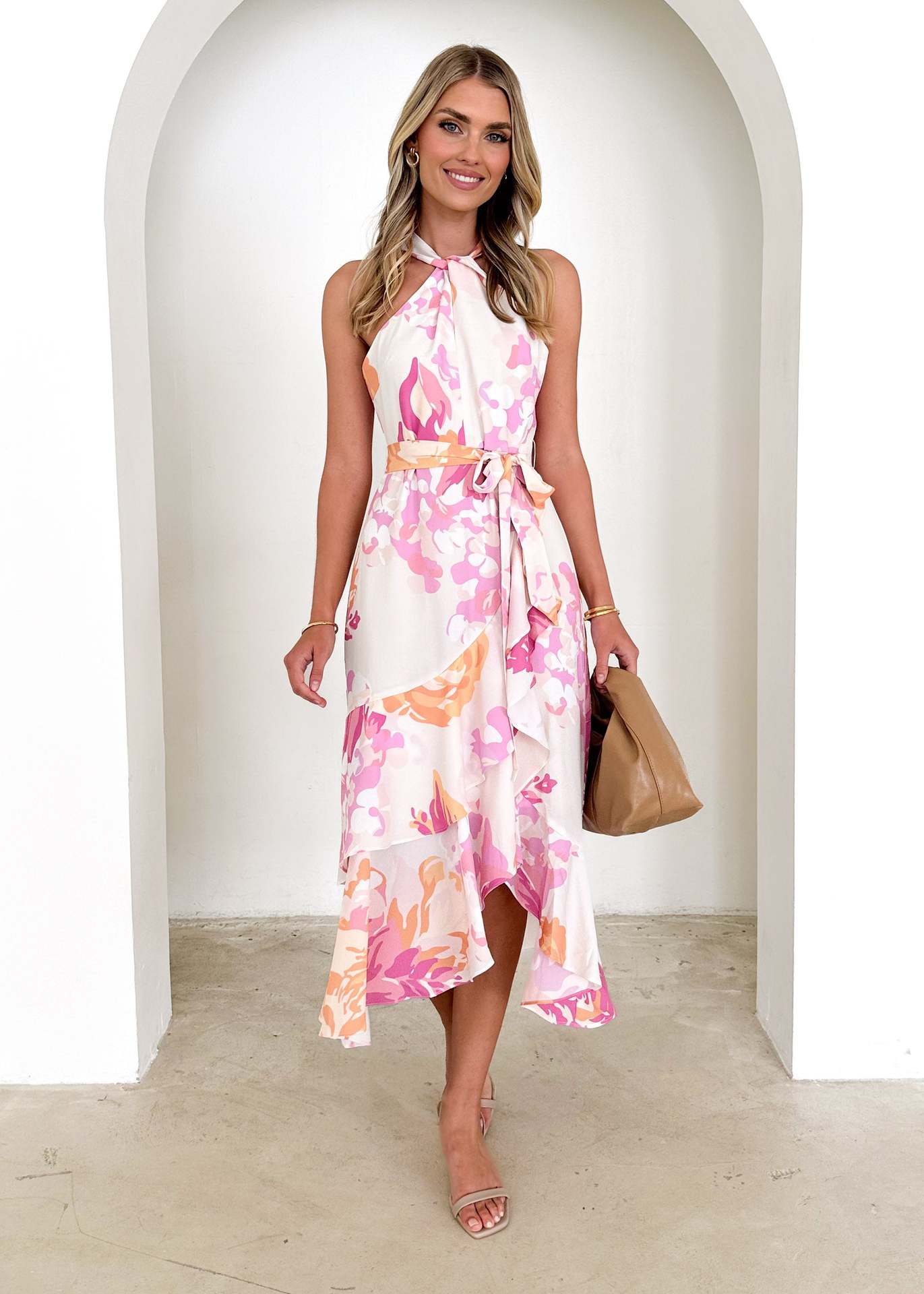 Spring Summer Women Clothing Printing Sexy Suspenders Dress Mid Length Women Pink