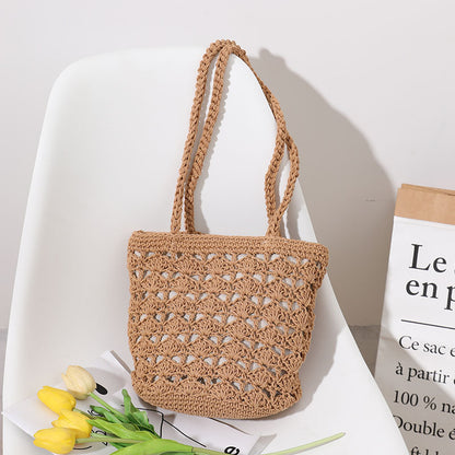Korean Hollow Out Cutout Cotton Thread Hand Woven Bag Chi Elegant One Shoulder Portable Straw Weaved Bag Seaside Vacation Beach Bag One Size Coffee