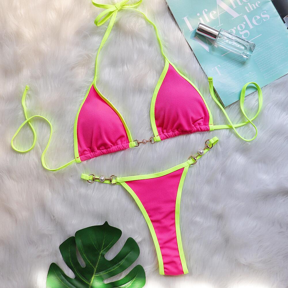 Sexy Bikini Patchwork Metal Accessories Pearl Women Split Swimsuit Vacation Swimsuit Coral Red