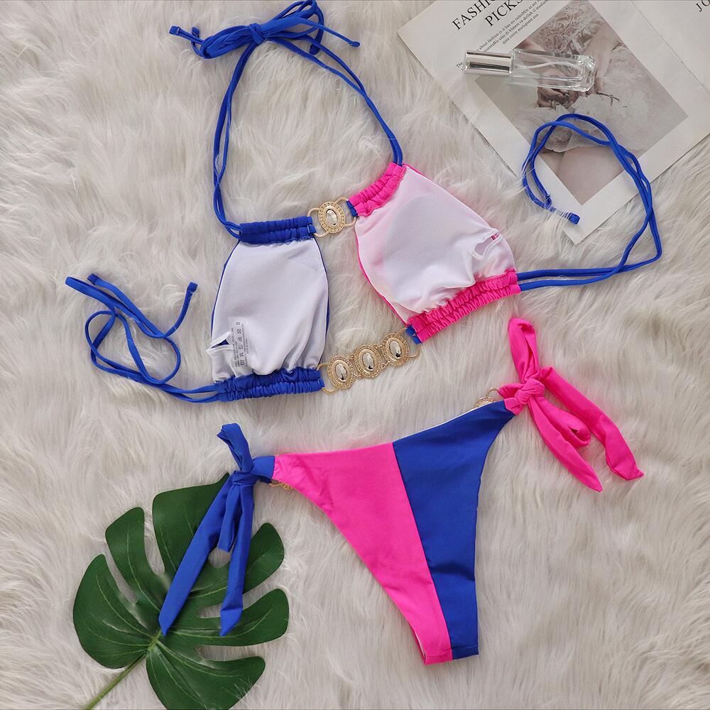 Baizi Crystal Diamond Bikini Sexy Patchwork Strap Women Split Swimsuit