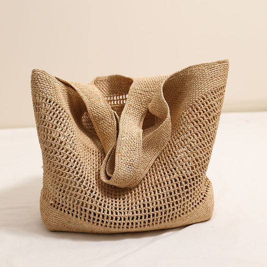 Large Capacity Raffia One Shoulder Straw Bag Hollow Out Cutout Straw Bag Woven Bag Seaside Vacation Beach Bag