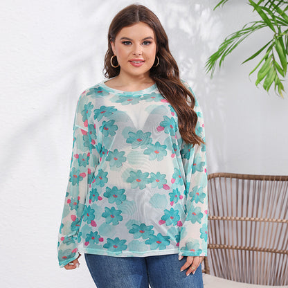 Women Lightweight Casual Printing round Neck Long Sleeve Top Ice Silk Net Yarn Cool T shirt Green