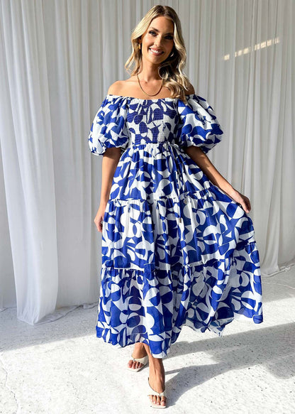 Women Clothing Elegant Floral Print off Shoulder Puff Sleeve Dress Women