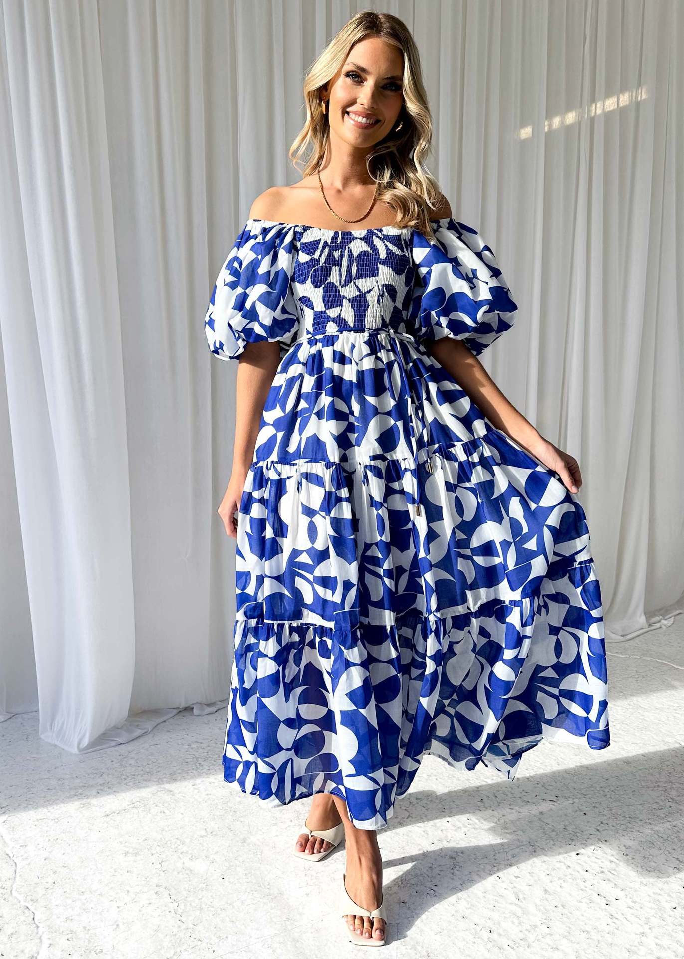 Women Clothing Elegant Floral Print off Shoulder Puff Sleeve Dress Women