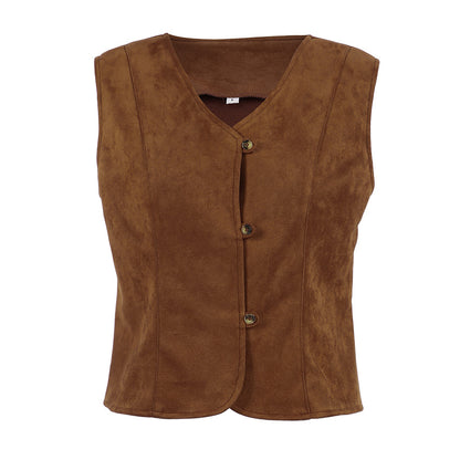 Autumn Women Clothing Coat Suede Matte Casual Short Retro British V neck Bandage Vest