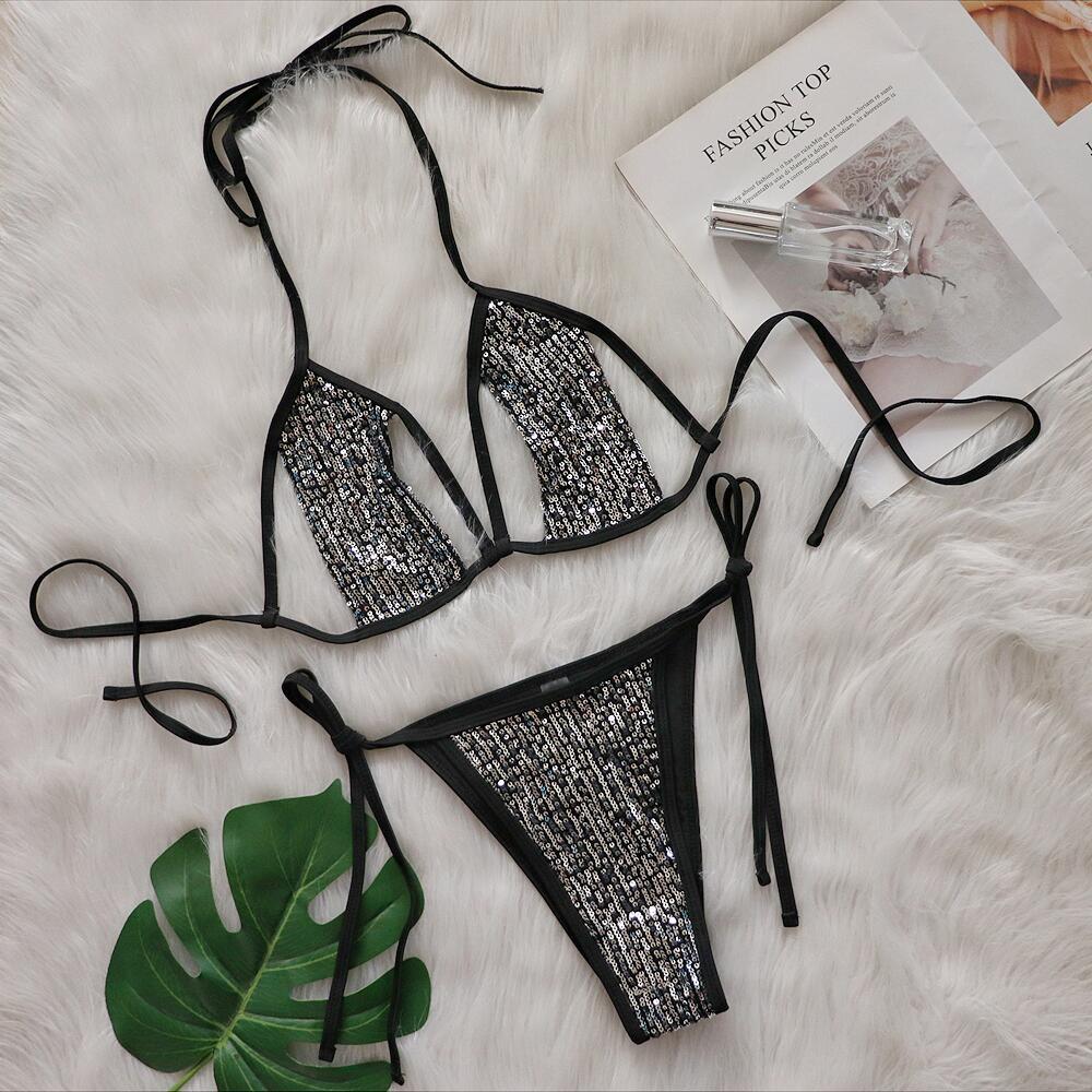 Bikini Sexy Split Sequined Swimsuit Women Lace-up Cutout Beach Swimsuit Black