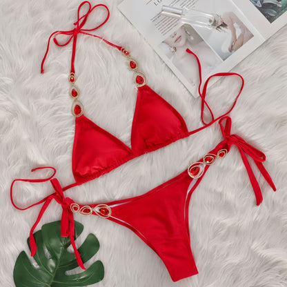 Sexy Bikini Suit Luxury Crystal Diamond Bandage Women Swimsuit Beach Vacation Swimsuit Red