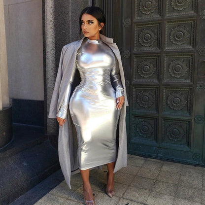 Women Clothing Metallic Coated Fabric Turtleneck Long Sleeve Waist Slimming Sheath Mid Length Dress Women