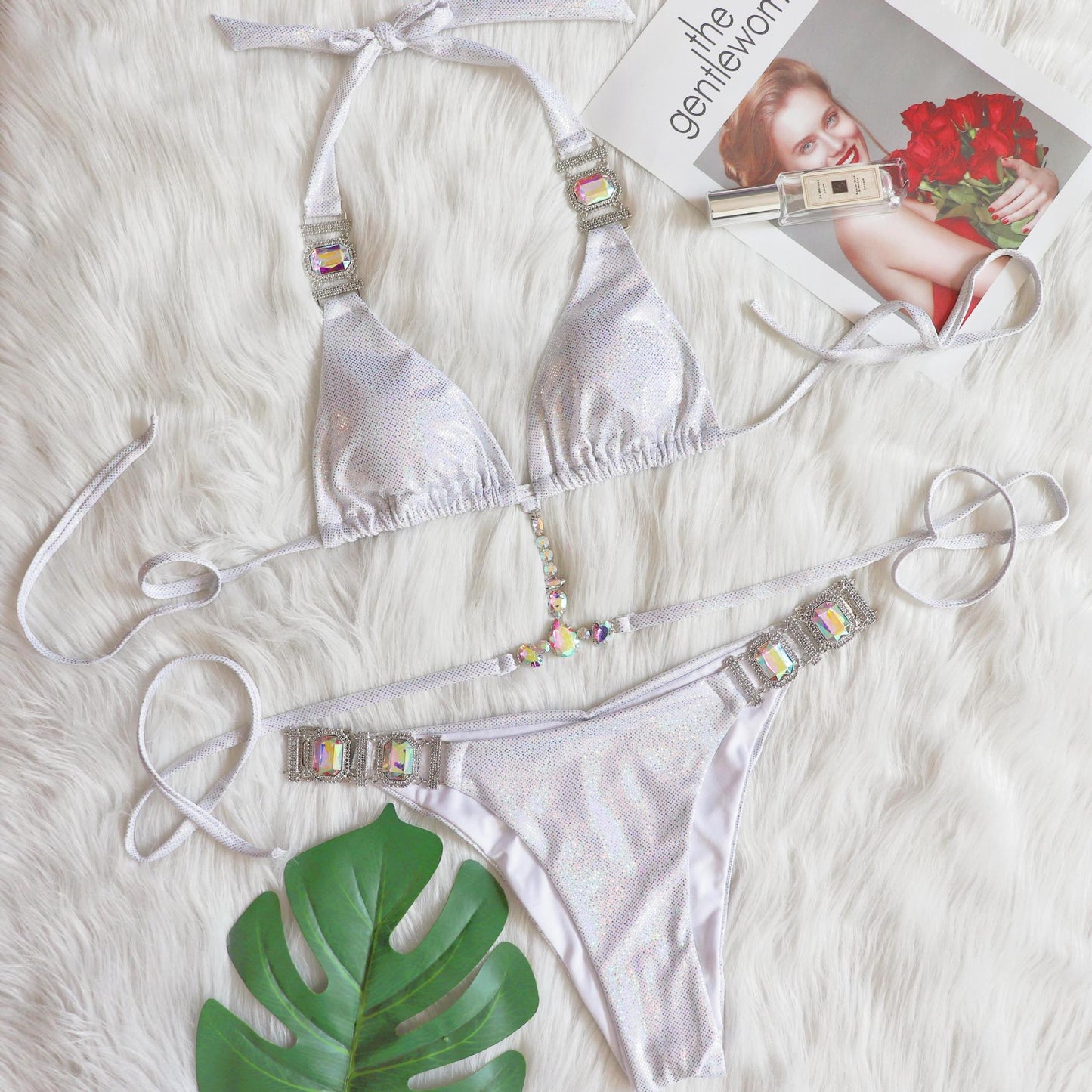 Lace up Halter Bikini Swimsuit Sexy Shiny Bronzing Crystal Diamond Swimsuit Silver Bronzing