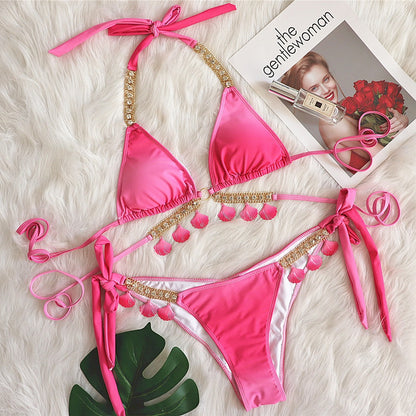 Sexy Bandage Gradient Printing Women Split Swimsuit Luxury Crystal Diamond Bikini Swimsuit Pink