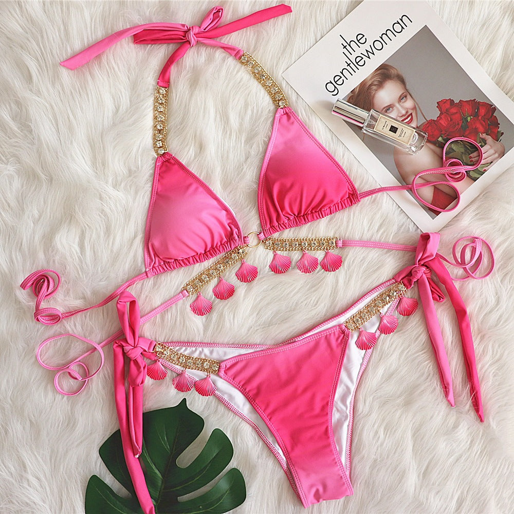 Sexy Bandage Gradient Printing Women Split Swimsuit Luxury Crystal Diamond Bikini Swimsuit Pink