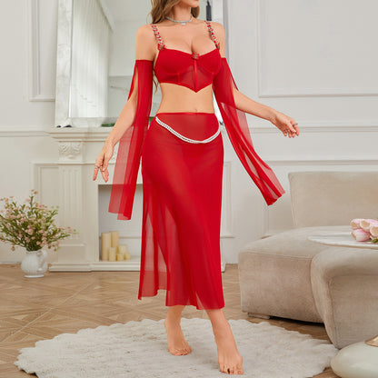 Supply Sexy Split Thin Transparent Mesh Dance Sleeve Skirt Sexy Lingerie
