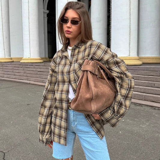 Retro Plaid Shirt Women Loose Long Sleeve Top Fall Winter Women