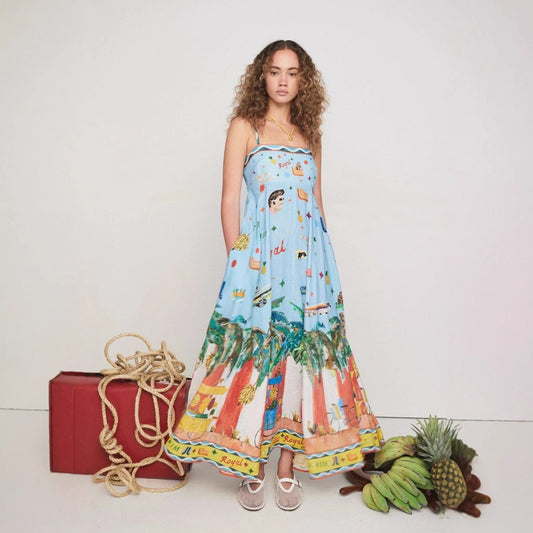 Spring Summer Sexy Sling Graffiti Printing Large Swing Dress Women