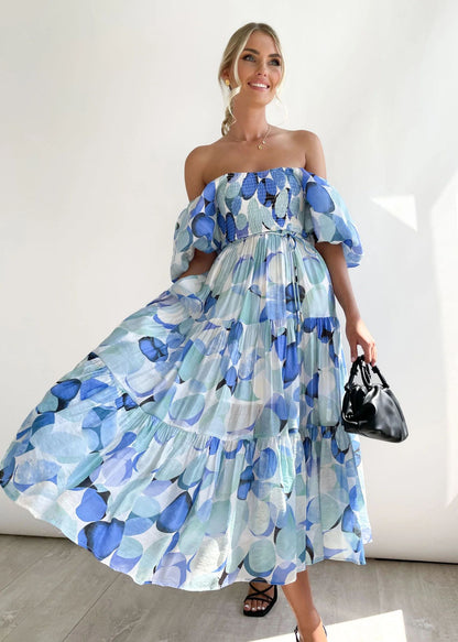 Holiday Sexy Slim Fit Backless Large Swing Dress off-Neck Printed Dress Summer Blue