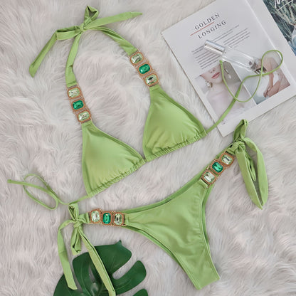 Crystal Diamond Bikini Sexy Women Split Bandage Swimsuit Beach Vacation Swimsuit Olive