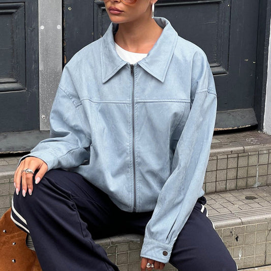 Retro Leather Coat Women Niche Blue Cool Feeling High Street Fashionable Zipper Autumn Winter Suede Jacket