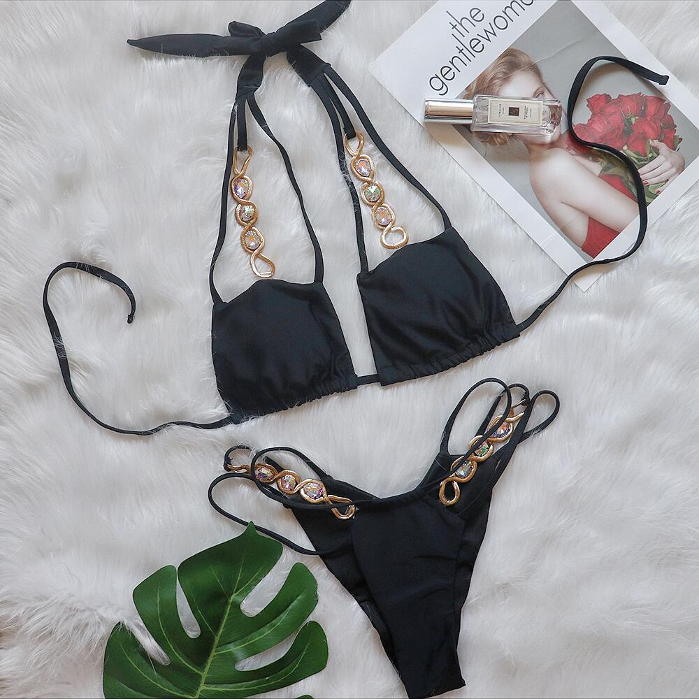 Sexy Removable Chest Pad Bikini Crystal Diamond Swimsuit Bandage Hollow Out Hollow Out Cutout High Waist Split Swimsuit Black