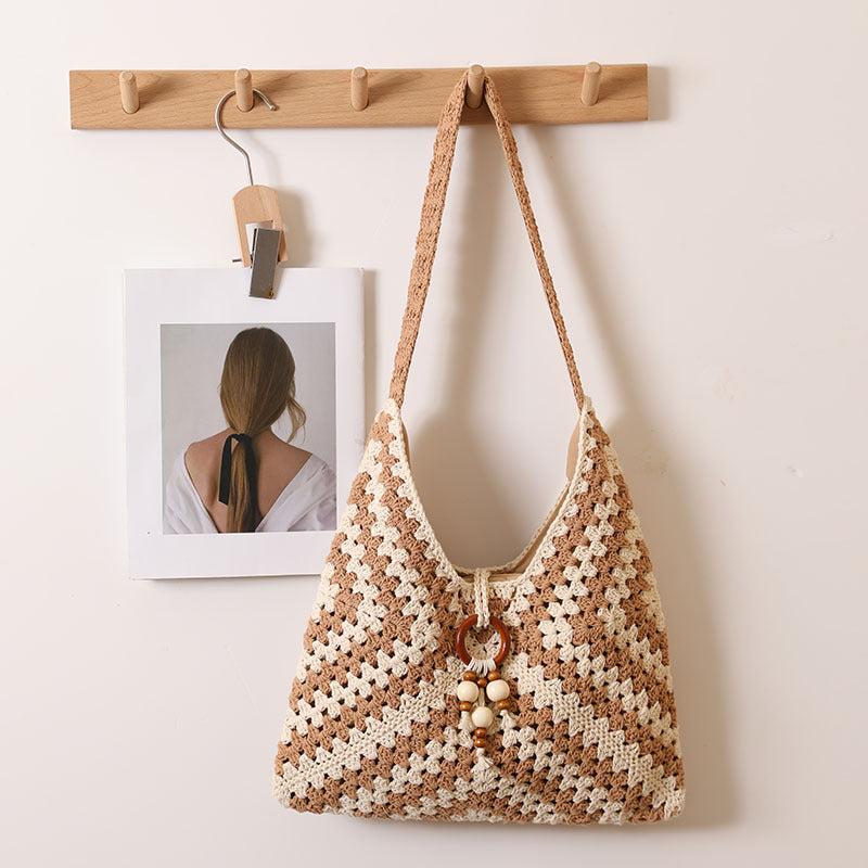 Ethnic Single Shoulder Cotton Thread Woven Bag Color Grandmother Grid Straw Bag Vacation Beach Bag Women Bag One Size Cotton Thread V-Shaped Grandma Plaid Coffee