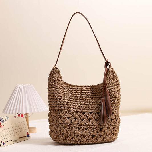 Hollow Out Cutout Straw Bag Tassel Straw Bag Woven Bag Seaside Vacation Beach Bag Casual Shoulder Bag One Size Peach Heart Tassel Coffee
