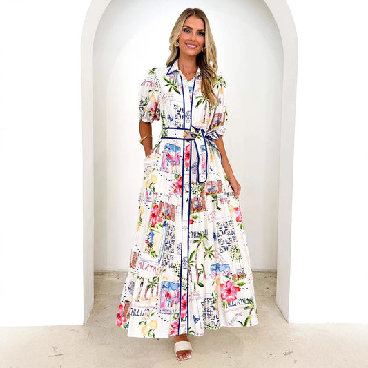 Women Clothes Cotton Linen Floral Print Lace up Short Sleeve Dress Women