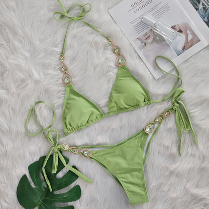 Sexy Bikini Suit Luxury Crystal Diamond Bandage Women Swimsuit Beach Vacation Swimsuit Olive