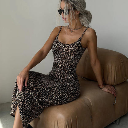 Women Clothing Sexy Sling Dress Tight Waist Sheath Dress Slimming Printed Dress Backless