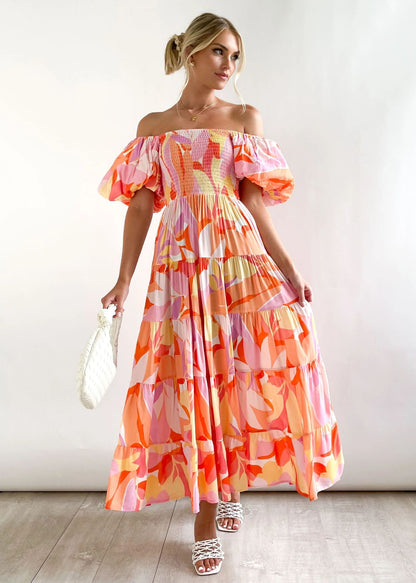 Holiday Sexy Slim Fit Backless Large Swing Dress off-Neck Printed Dress Summer Orange Printing
