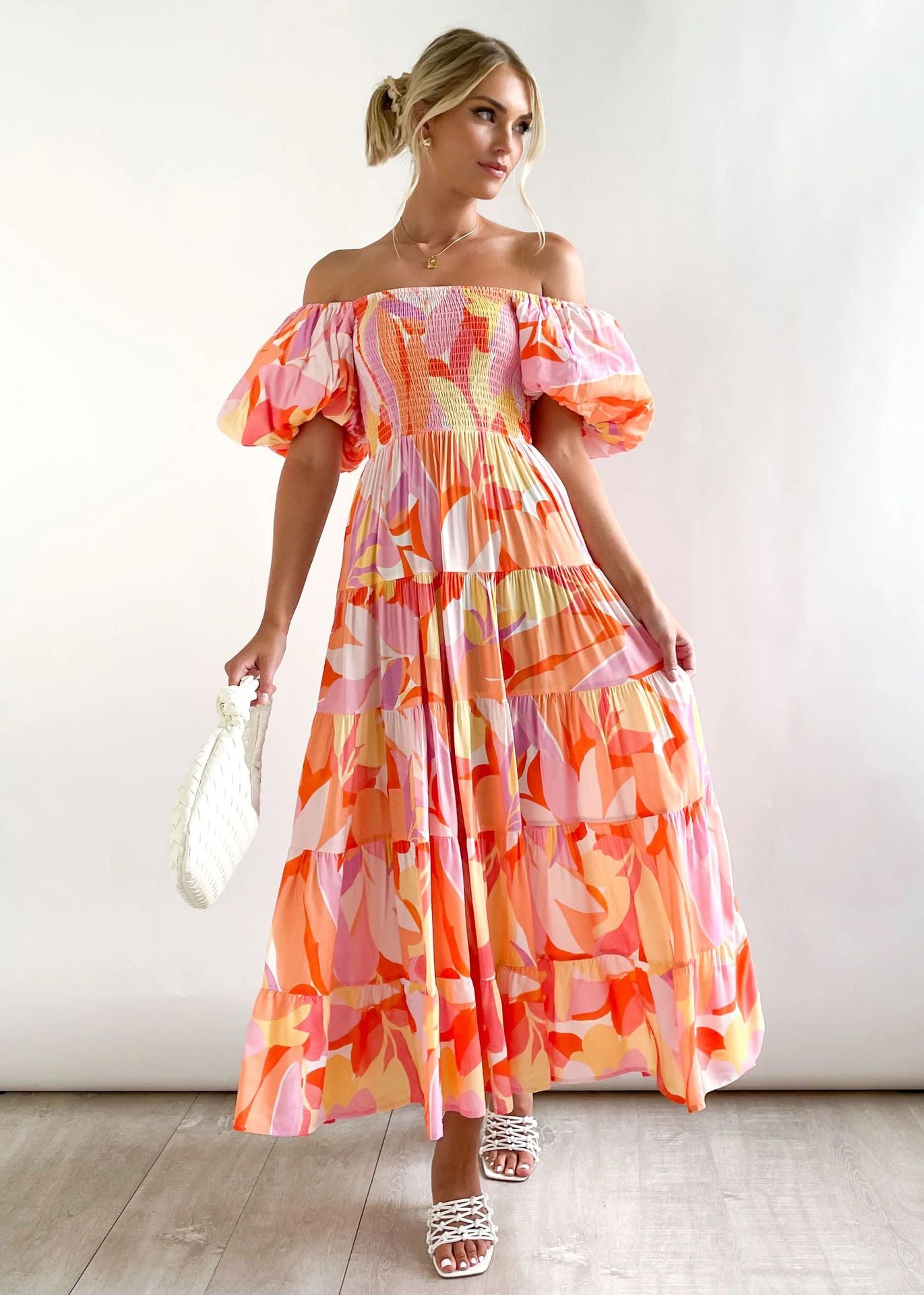 Holiday Sexy Slim Fit Backless Large Swing Dress off-Neck Printed Dress Summer Orange Printing