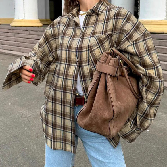 Retro Plaid Shirt Women Loose Long Sleeve Top Fall Winter Women