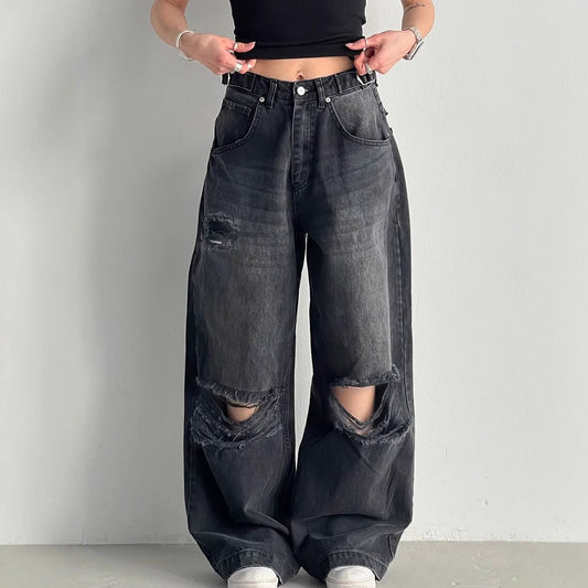 Women Loose Large Ripped Waist Adjustable Wide Leg Denim Trousers