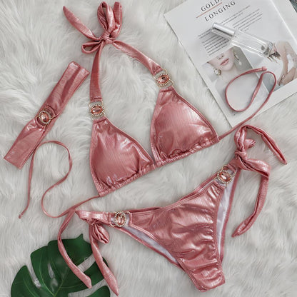 Sexy Bikini Crystal Diamond Three Piece Split Swimsuit Beach Shiny Women Swimsuit Rouge Color