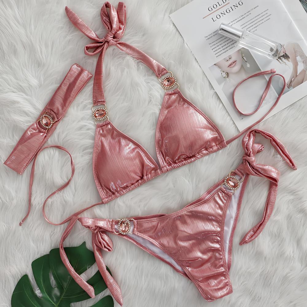 Sexy Bikini Crystal Diamond Three Piece Split Swimsuit Beach Shiny Women Swimsuit Rouge Color
