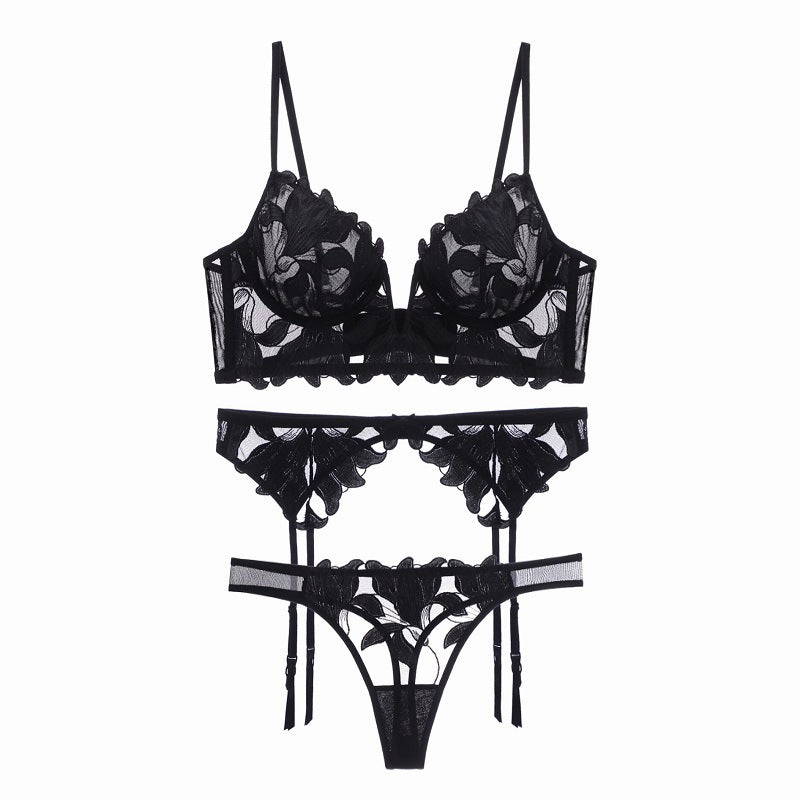 Ty094Bp3 Deep V Ultra-Thin Gauze Embroidered Garter Belt 3 Piece Underwear Set Black
