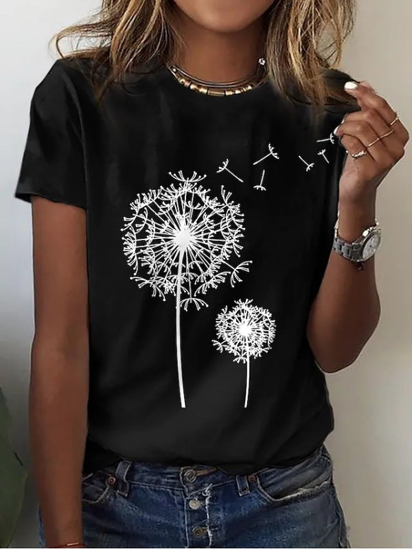 Dandelion Print Sleeveless Tank Top Polyester Women's Knit Tee Black