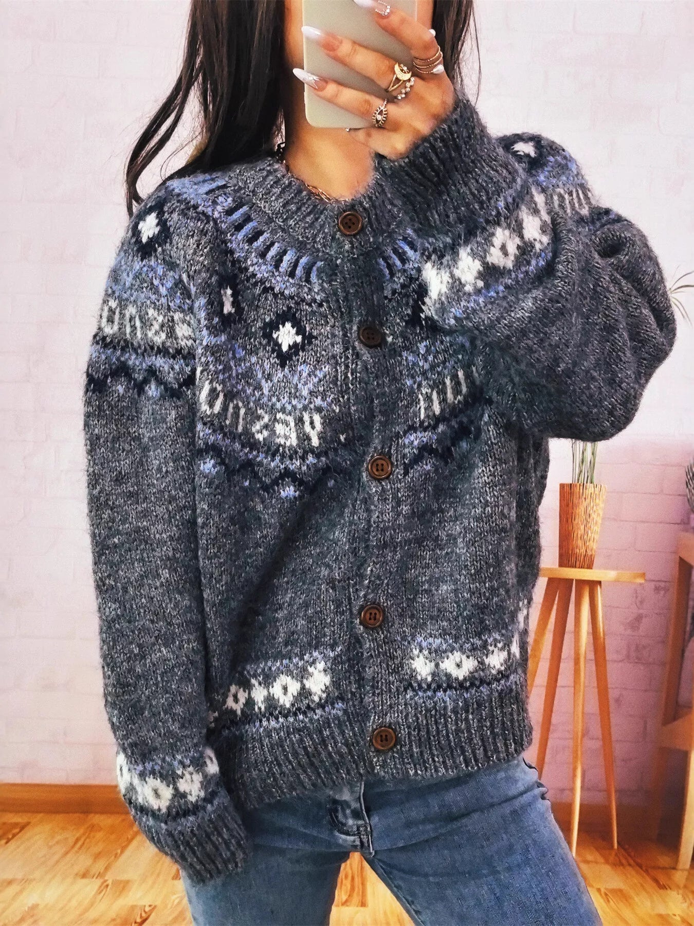 Geometric Pattern Button Up Long Sleeve Cardigan