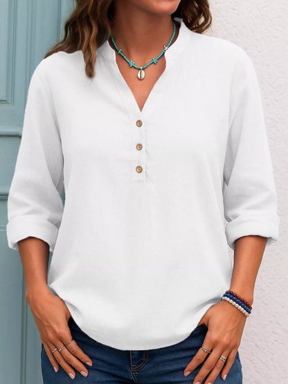 Full Size Button Detail Notched Long Sleeve Blouse Plus Size White