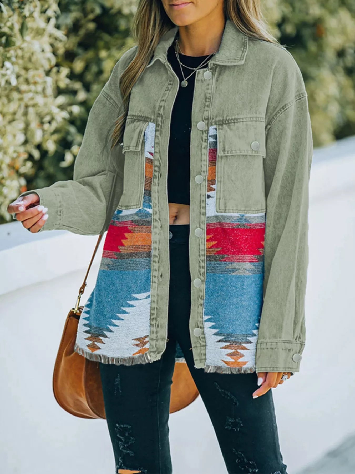 Aztec Print Button Up Jacket Sage
