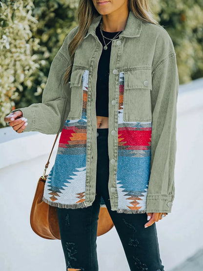 Aztec Print Button Up Jacket Sage