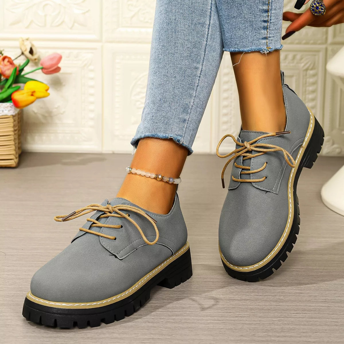 Lace-Up Platform Loafers Dark Gray