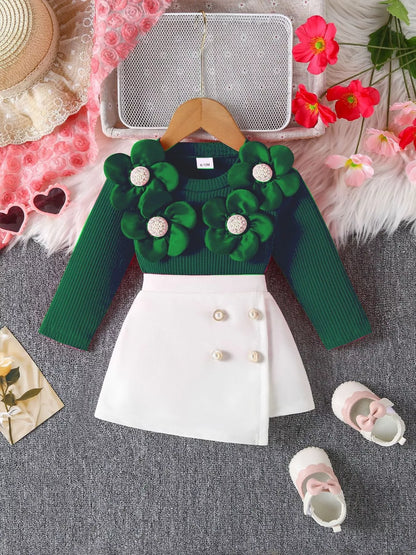 Children's Floral Applique Ribbed Top & Button Decor Skirt Set Dark Green