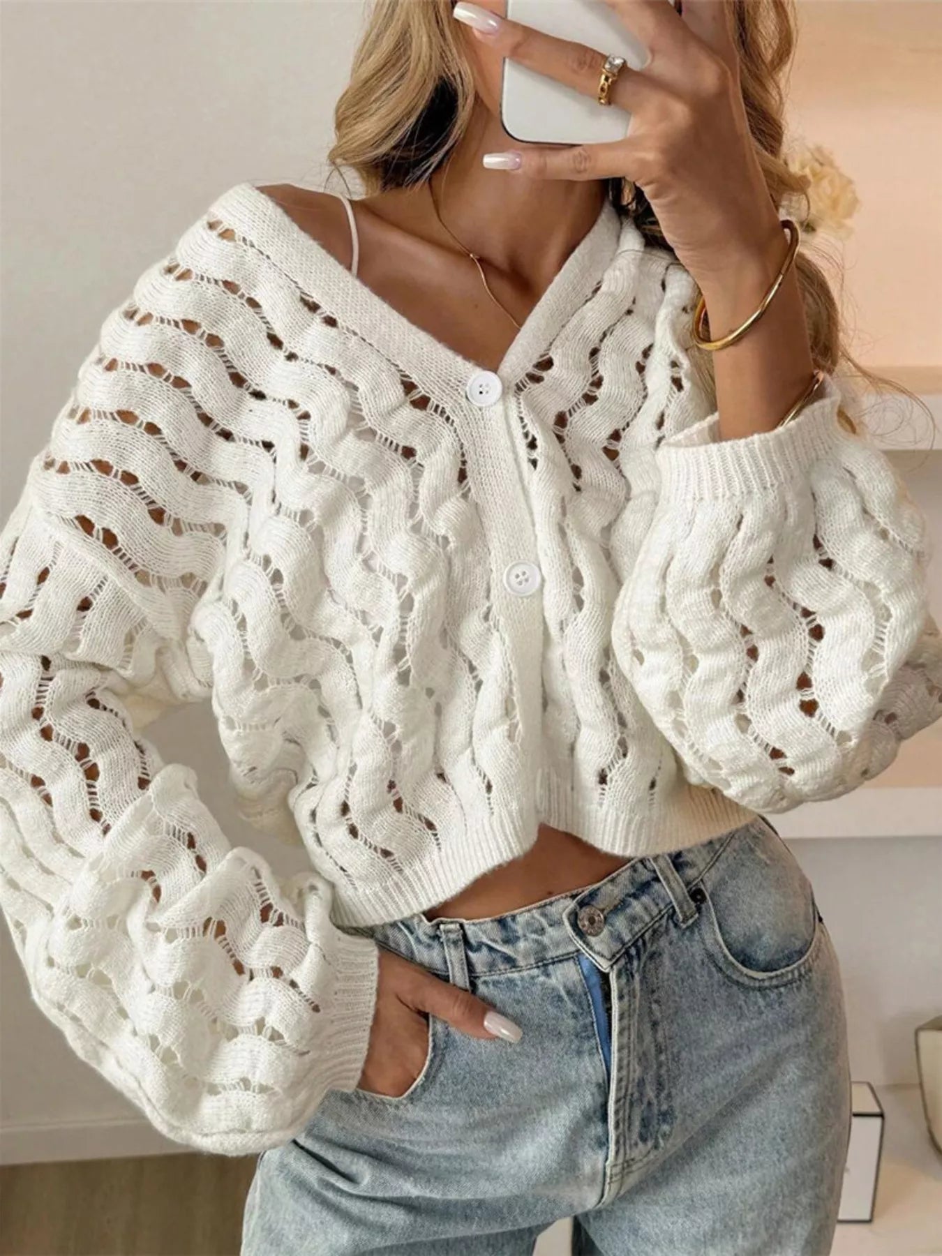 Openwork Button Up V-Neck Cardigan White
