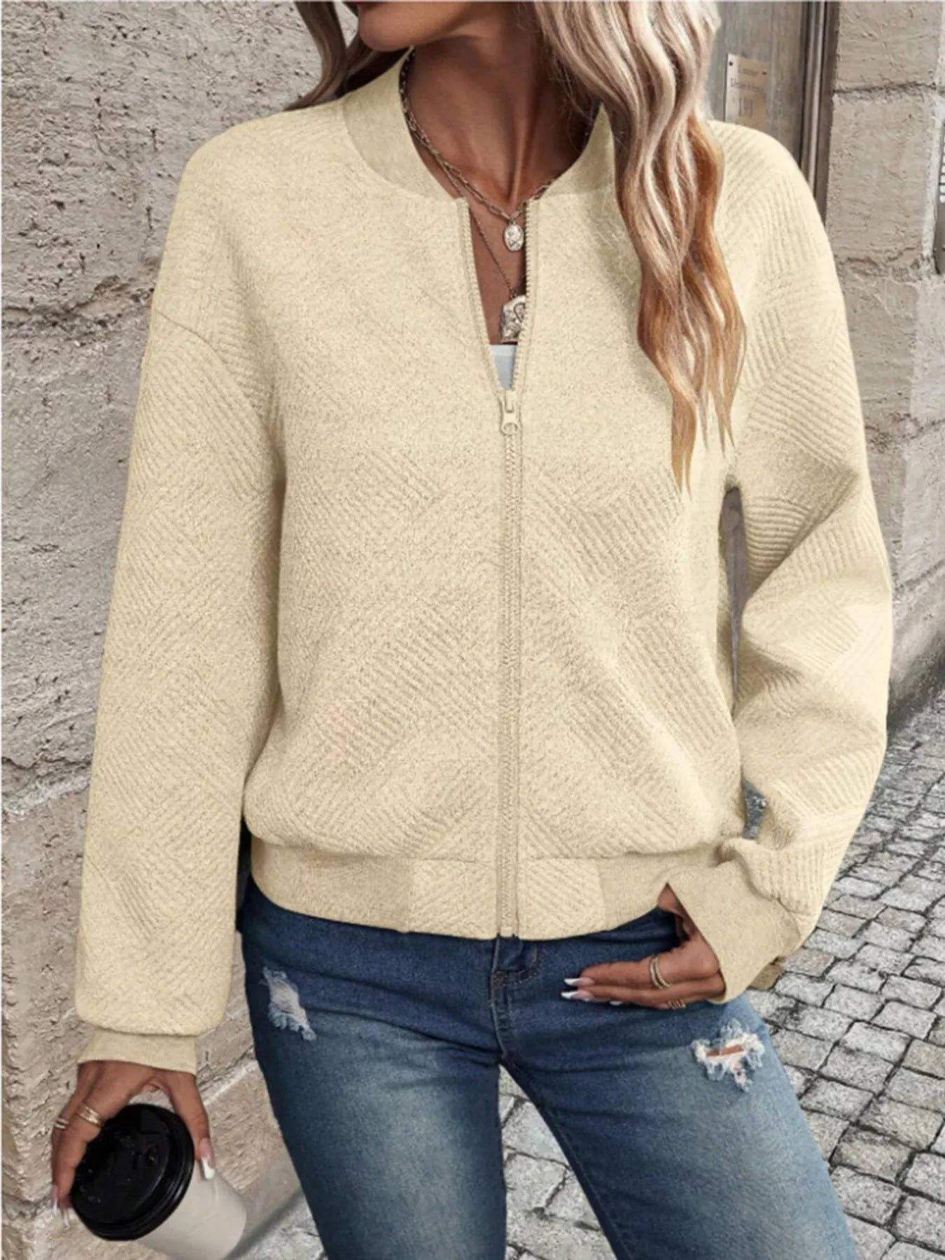 Textured Knit Zip-Up Bomber Jacket