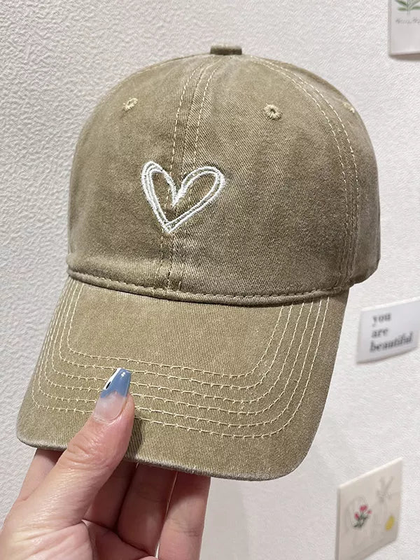 Washed Heart Embroidered Baseball Cap Khaki One Size