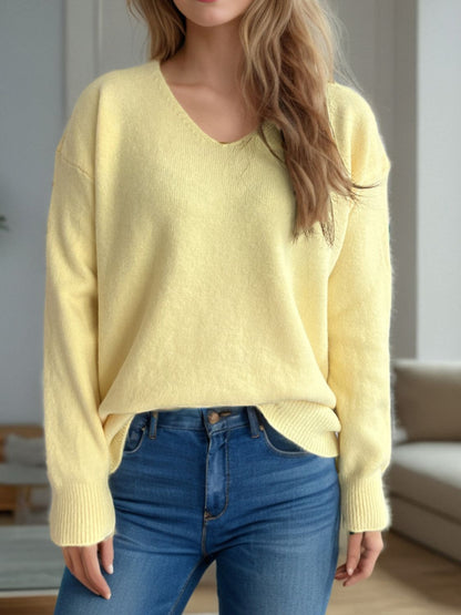 V-Neck Dropped Shoulder Long Sleeve Sweater Light Yellow One Size