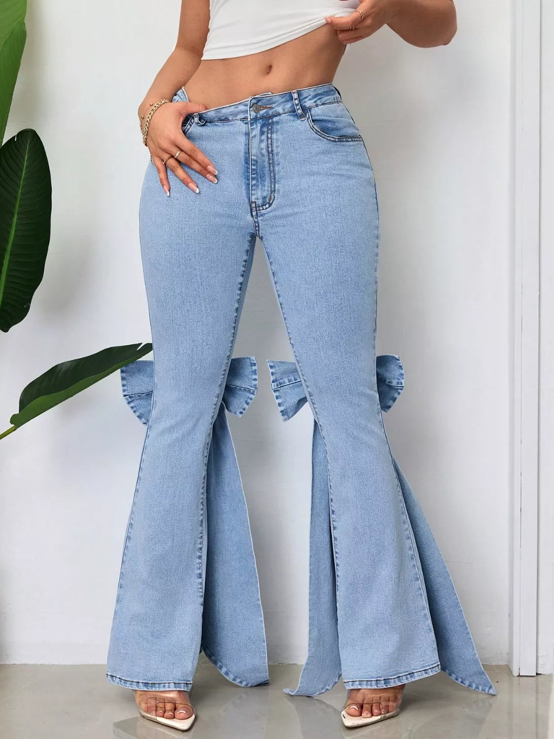 Bow-Accented Flare Leg Jeans