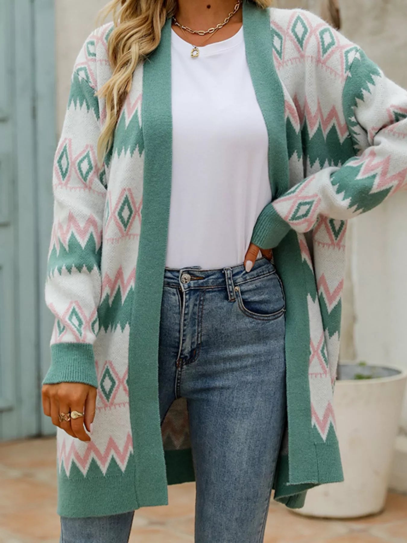 Geometric Pattern Open Front Cardigan