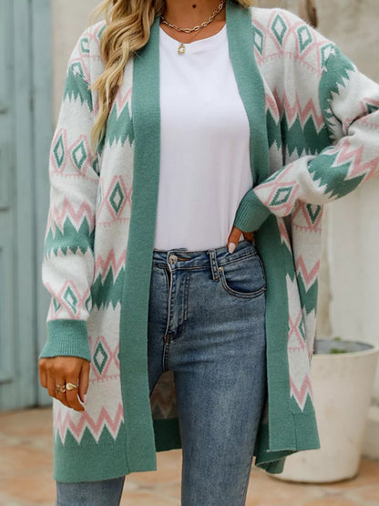 Geometric Pattern Open Front Cardigan