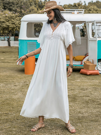 Lace Detail Eyelet V-Neck Half Sleeve Dress White